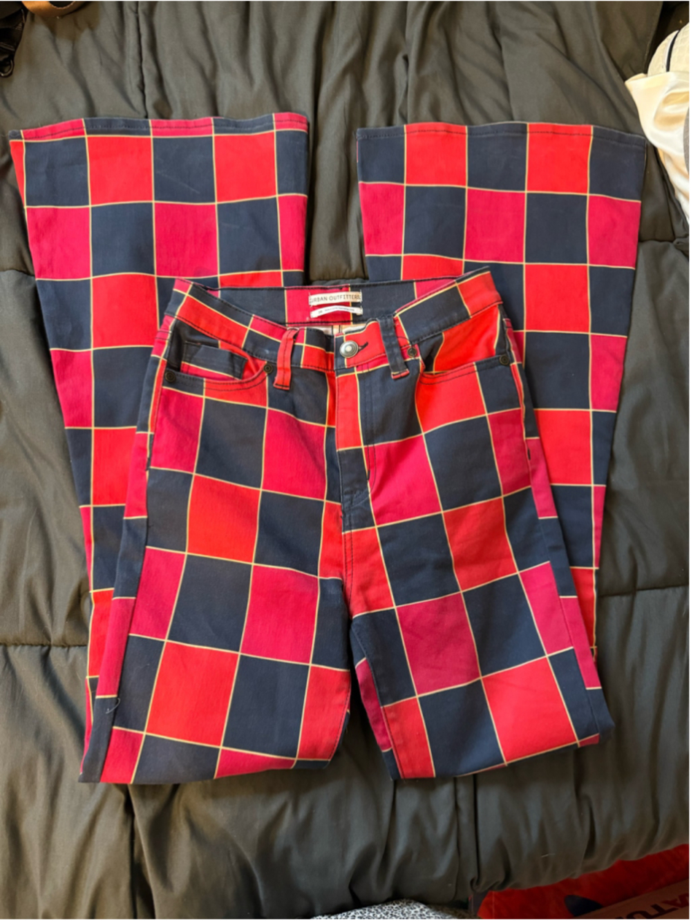 Women's Urban Outfitters Flare Pants Size 26 Red Navy Blue Checkered - Picture 5 of 6